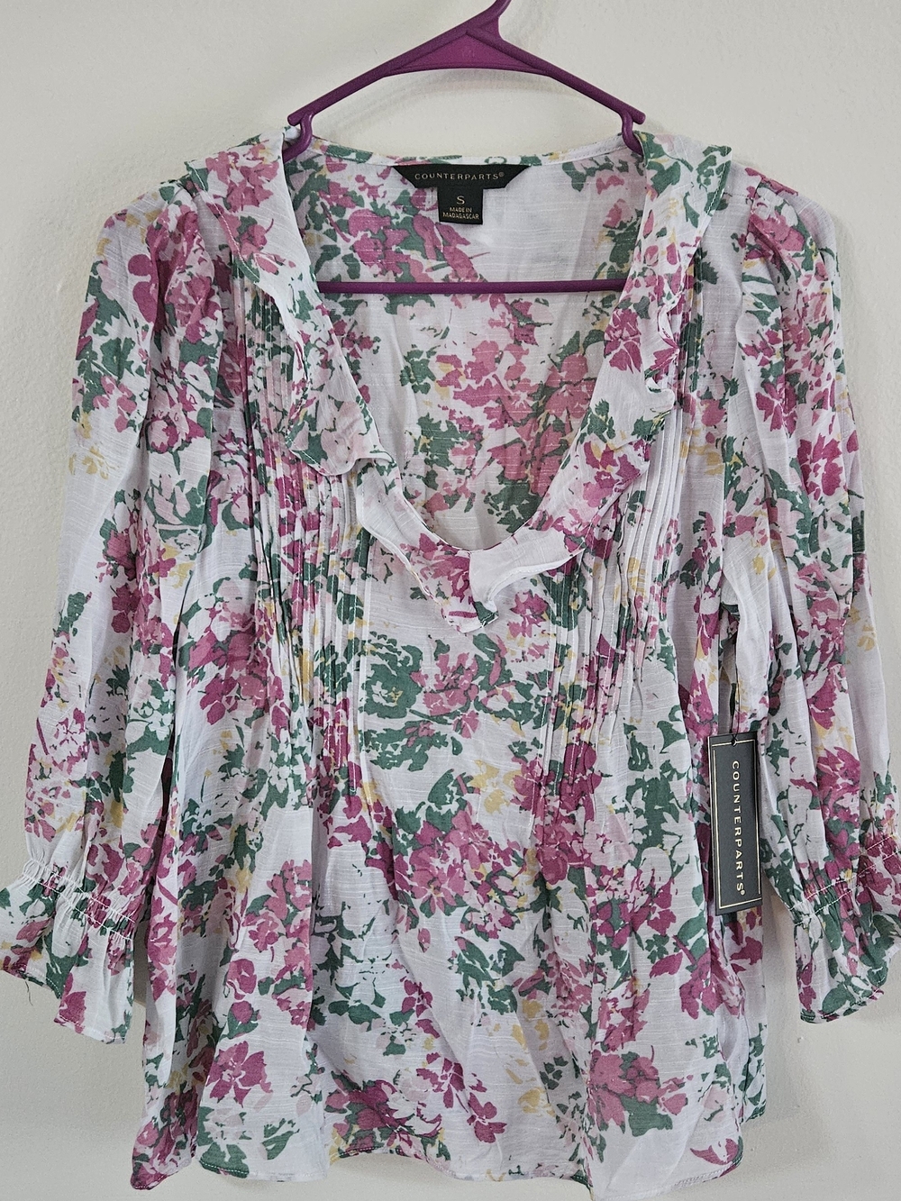 Counterparts White Floral Pintuck Ruffle Blouse. Floral, Cottage, Tea Time, Fall